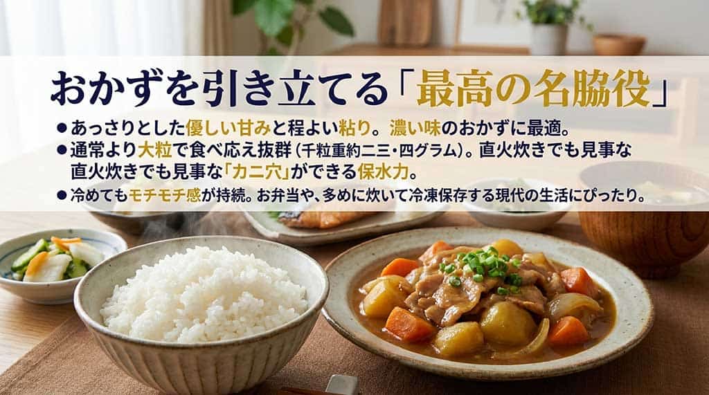 みえのゆめの特徴である、あっさりとした優しい甘み、通常より大粒で保水力抜群な点、冷めてもモチモチ感が持続しお弁当や冷凍に最適な点をまとめたスライド