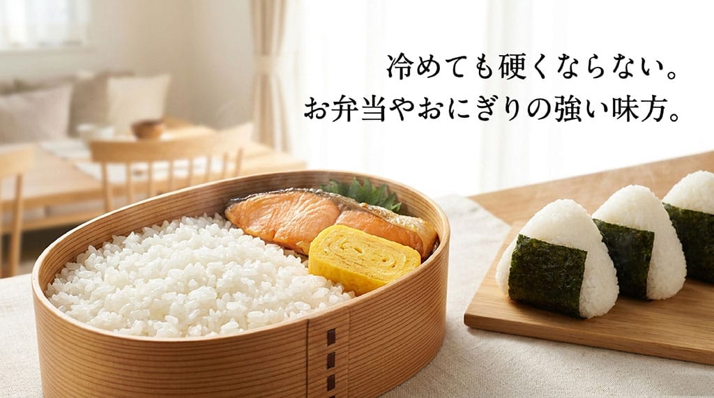 冷めても硬くならない。お弁当やおにぎりの強い味方と書かれた画像
