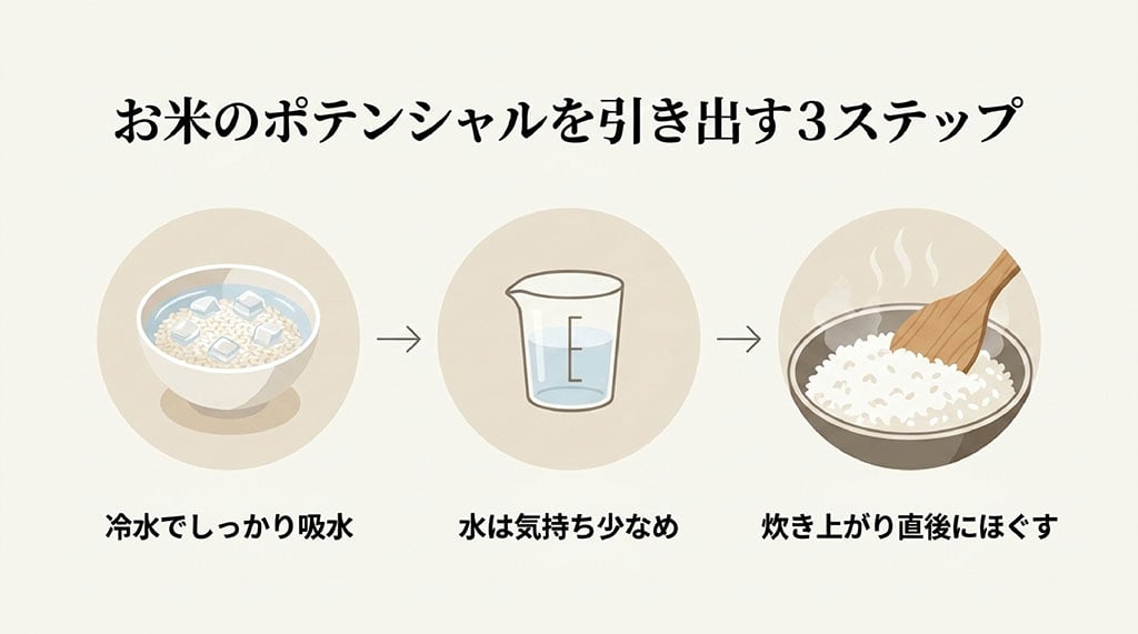 みえのゆめを美味しく炊くための3ステップ(冷水でしっかり吸水・水は気持ち少なめ・炊き上がり直後にほぐす)
