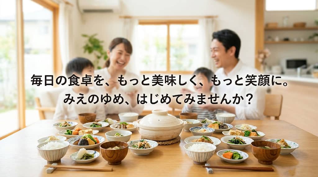 毎日の食卓を、もっと美味しく、もっと笑顔に。みえのゆめ、はじめてみませんか?と書かれたメッセージ画像