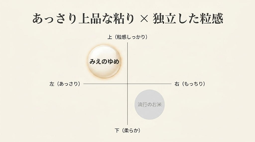 みえのゆめの食感(粒感しっかり・あっさり)と流行のお米の位置付けを比較したポジショニングマップ