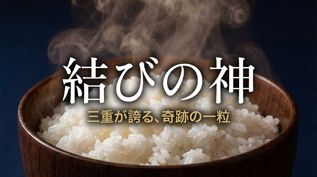 三重県産ブランド米「結びの神」のロゴと「三重が誇る、奇跡の一粒」というキャッチコピーのイメージ画像