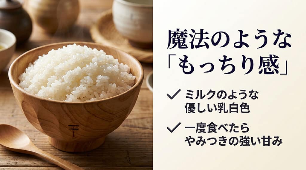 魔法のようなもっちり感とミルクのような優しい乳白色が特徴のミルキークイーンの紹介スライド