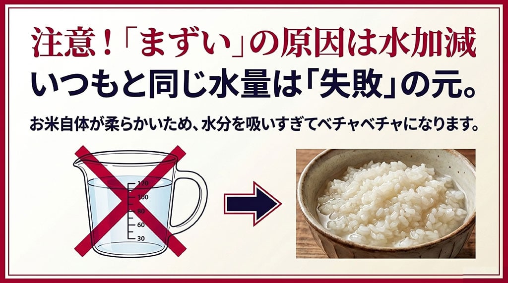 いつもと同じ水加減では水分を吸いすぎてベチャベチャになる失敗例を示すイラスト