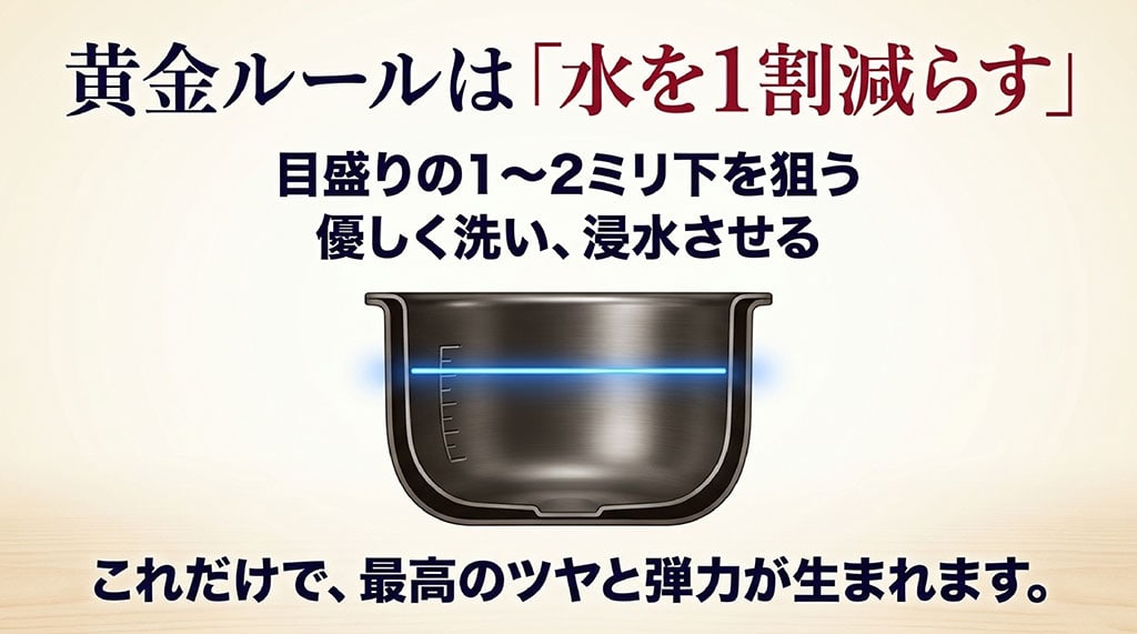 炊飯器の目盛りより1〜2ミリ下を狙い、水を1割減らして炊く黄金ルールの解説スライド
