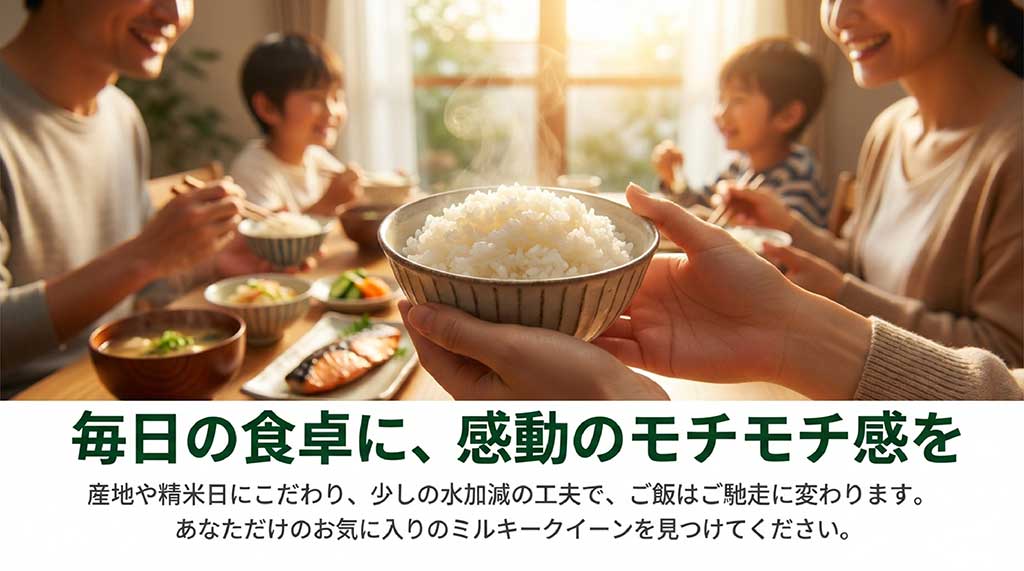 産地選びと炊き方の工夫で感動のモチモチ感を楽しめることを伝えるまとめスライド