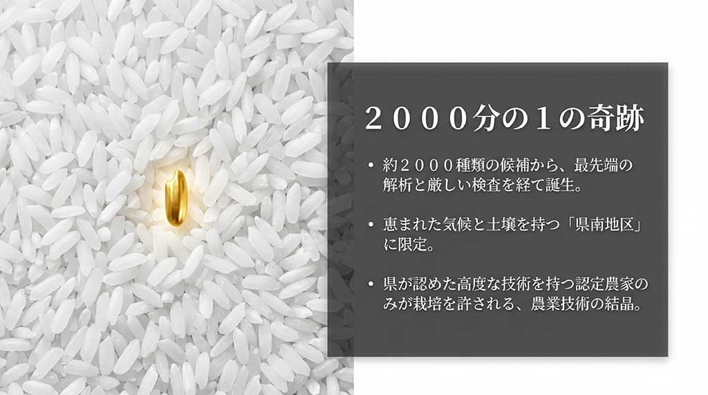2000種類の候補から最先端解析で選ばれた金色の風。岩手県南地区の認定農家のみが栽培する品質管理を説明