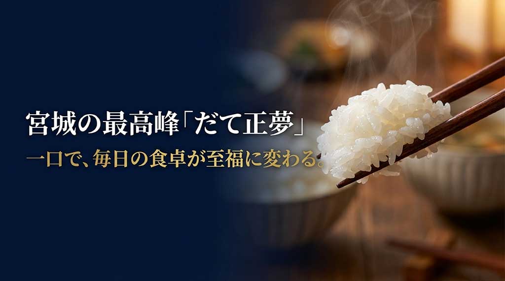 宮城県の最高峰ブランド米「だて正夢」の紹介。毎日の食卓が至福に変わるというキャッチコピーが書かれた紺色の背景のスライド