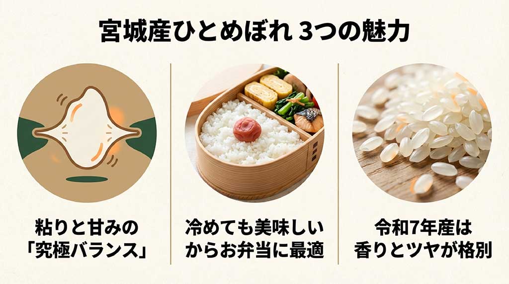 宮城産ひとめぼれの魅力。粘りと甘みの究極バランス、冷めても美味しいお弁当への適性、格別な香りとツヤの解説