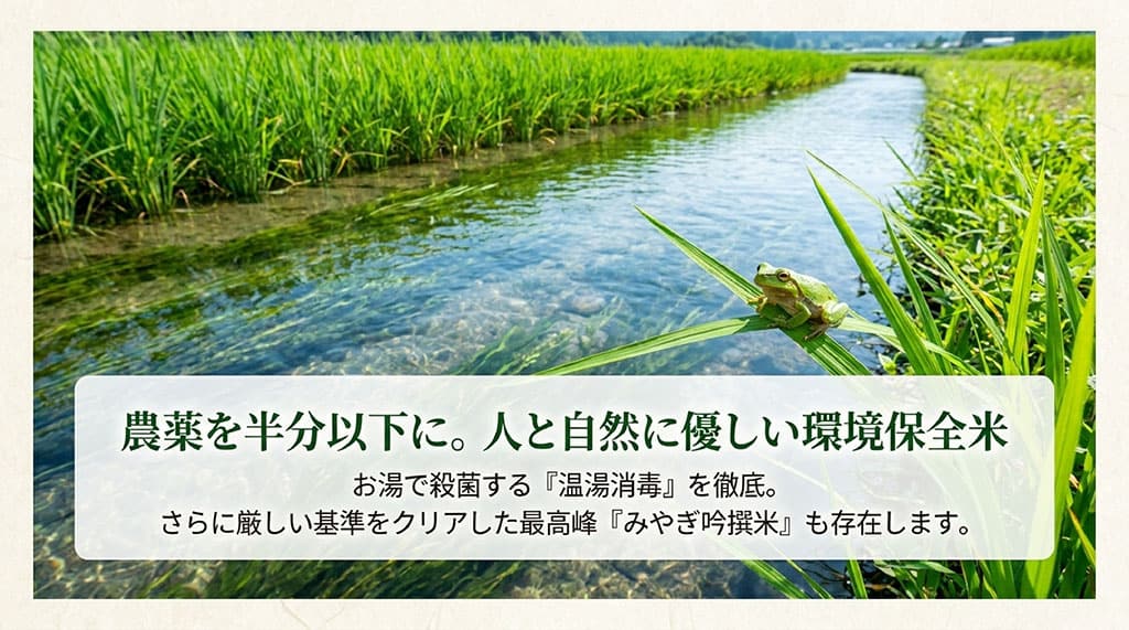 農薬を半分以下にした環境保全米、お湯で殺菌する温湯消毒の徹底、最高峰みやぎ吟撰米について記載されたスライド