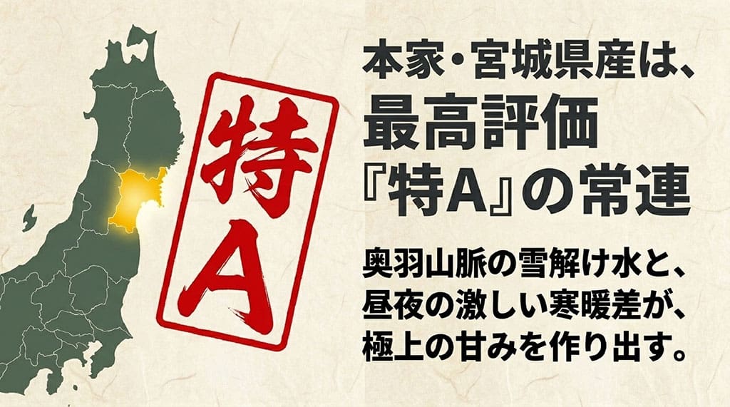宮城県産は最高評価特Aの常連で、奥羽山脈の雪解け水と昼夜の激しい寒暖差が極上の甘みを作り出すと書かれたスライド