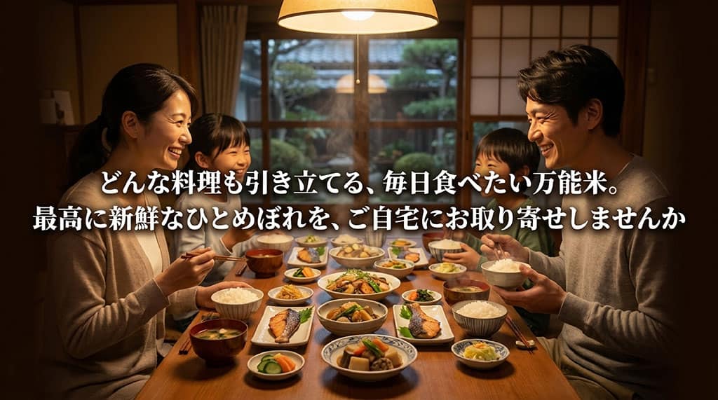 どんな料理も引き立てる毎日食べたい万能米、最高に新鮮なひとめぼれをご自宅にお取り寄せしませんかと結ぶスライド
