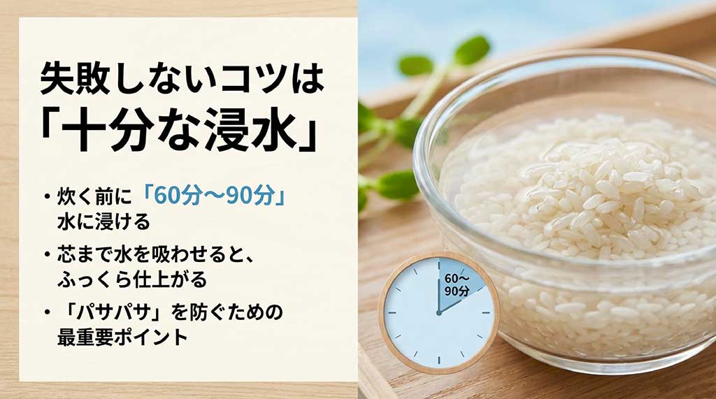 炊飯のコツとして、炊く前に60分から90分水に浸けることで芯まで吸水させ、パサつきを防ぐポイントの解説