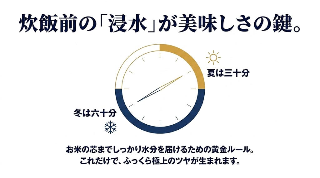 炊飯前の浸水が美味しさの鍵 冬は60分 夏は30分