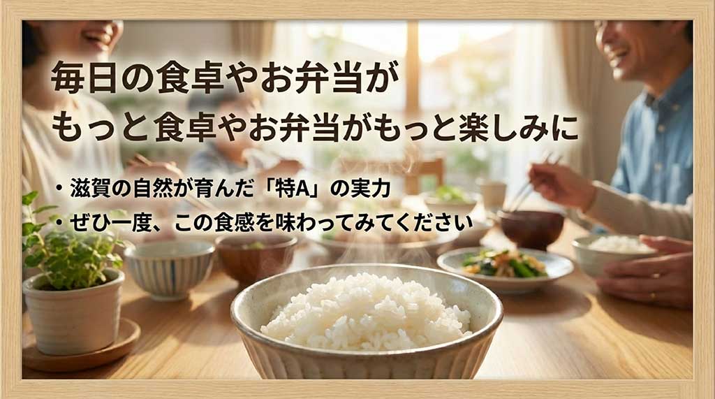 まとめとして、特A評価を得た滋賀の自然の恵みであるみずかがみを味わってほしいというメッセージ