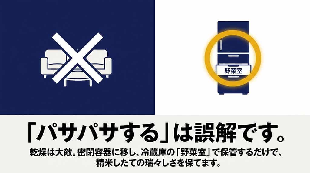 お米の乾燥を防ぐため密閉容器に移して冷蔵庫の野菜室で保管