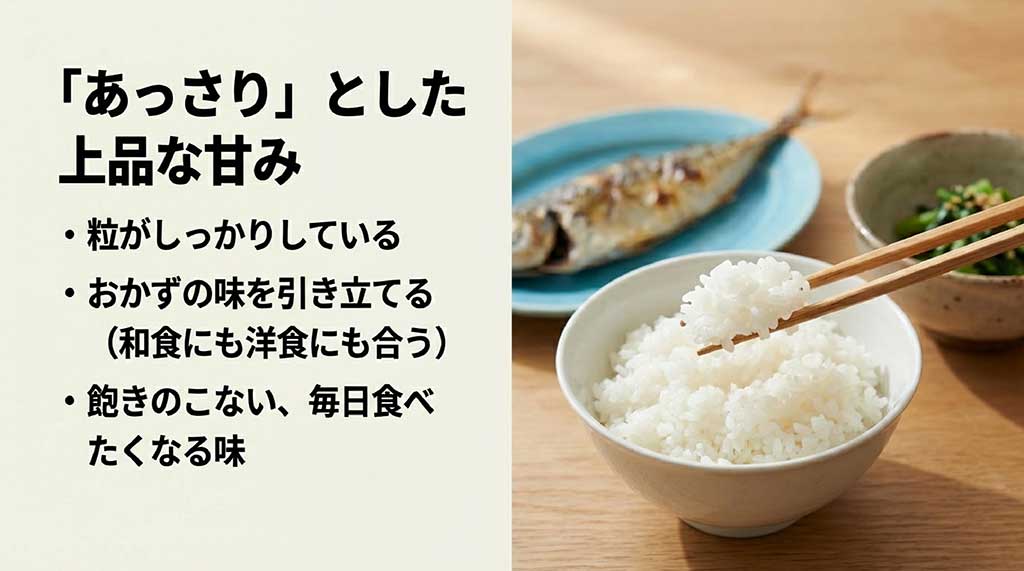 みずかがみのあっさりした上品な甘み、粒立ちの良さ、和食・洋食どちらにも合う飽きのこない味についての解説