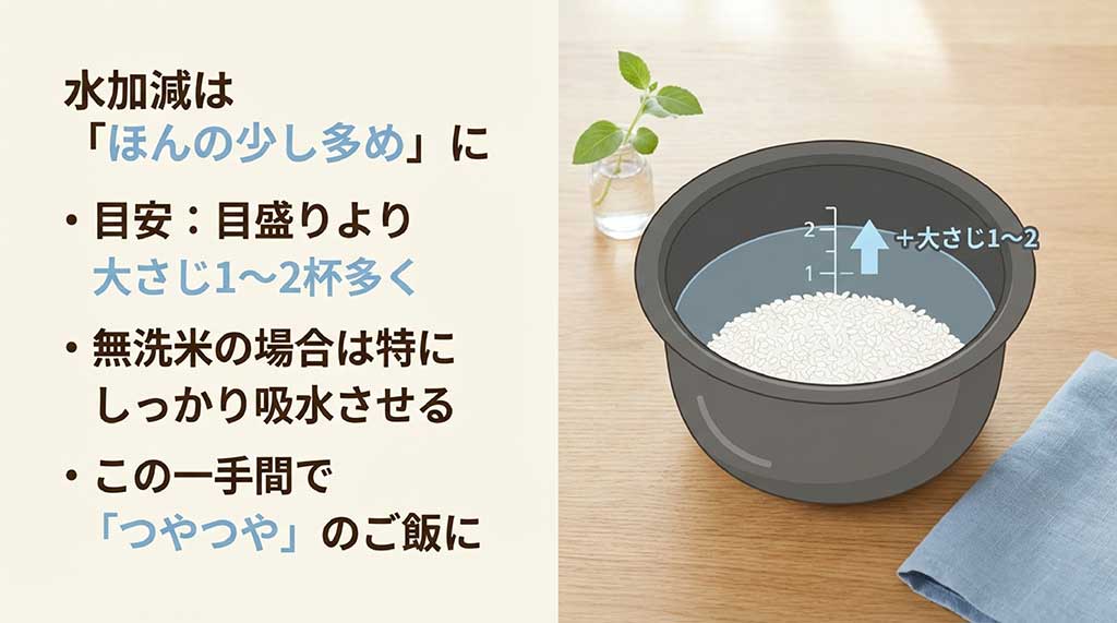 つやつやのご飯に炊き上げるため、水加減を大さじ1から2杯多めにすること、無洗米もしっかり吸水させることのアドバイス