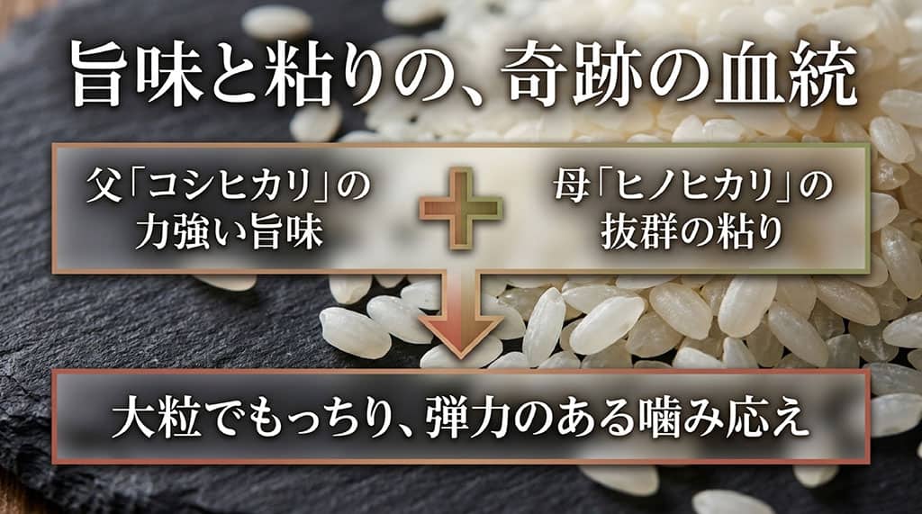 父コシヒカリの力強い旨味と母ヒノヒカリの抜群の粘りを受け継いだ森のくまさんの交配図を示すスライド。