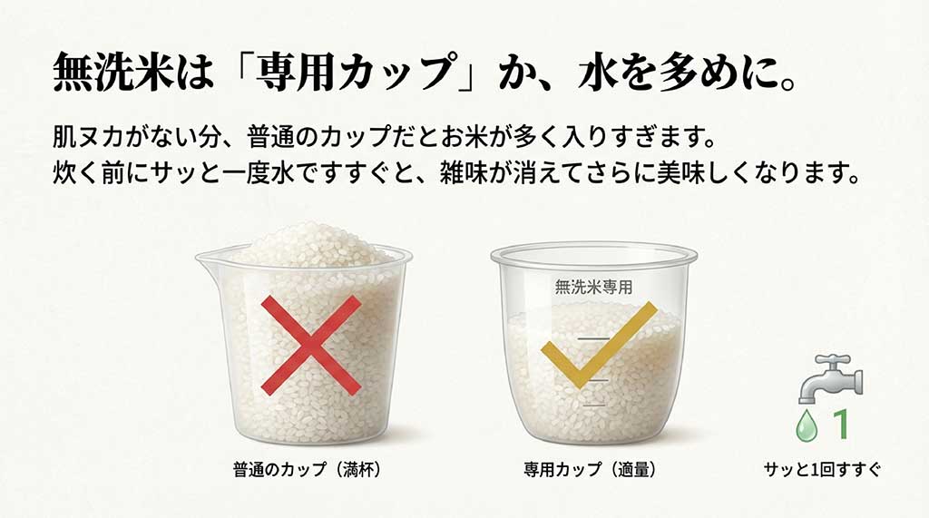 無洗米は専用カップを使うか水を多めにする。炊く前にサッと1回すすぐことで雑味が消えるというポイント