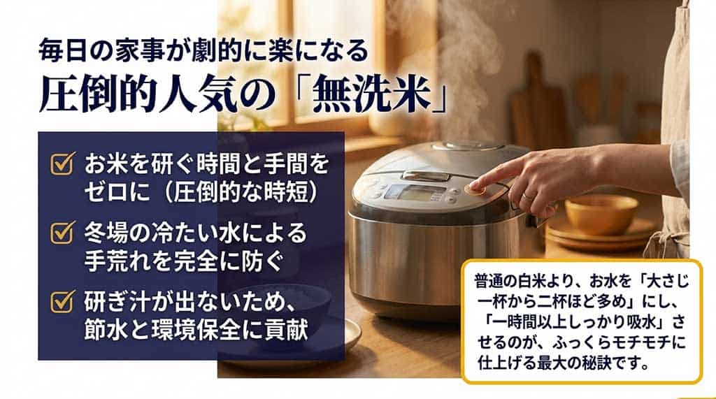 無洗米のメリット（時短、手荒れ防止、節水）と、ふっくらモチモチに仕上げるために水を大さじ1〜2杯多めにして1時間以上しっかり吸水させる秘訣を解説したスライド