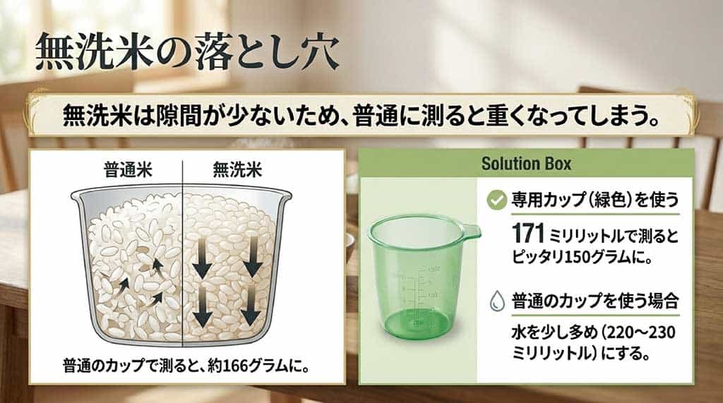 普通米と無洗米の隙間の違いをイラストで比較し、無洗米を普通のカップで測ると重くなるため、専用カップ（171ミリリットル）を使うか水を少し多めにする解決策を示すスライド