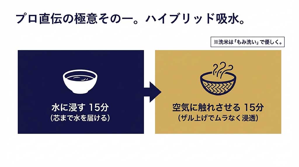 水に15分浸し、その後ザル上げして空気に15分触れさせる、ムラなく水を浸透させる吸水方法