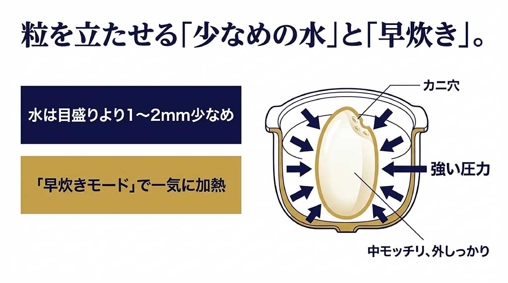 水を1~2mm少なめに設定し早炊きモードで加熱。強い圧力で「カニ穴」を作る炊飯のコツ