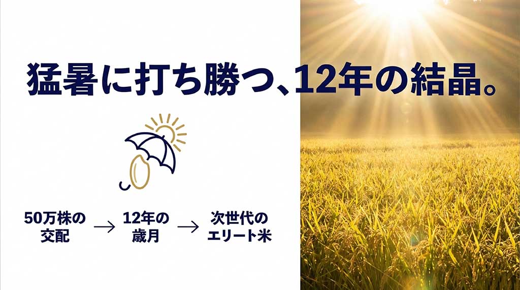 50万株の交配と12年の歳月をかけて誕生した、猛暑に強い次世代エリート米の開発図解