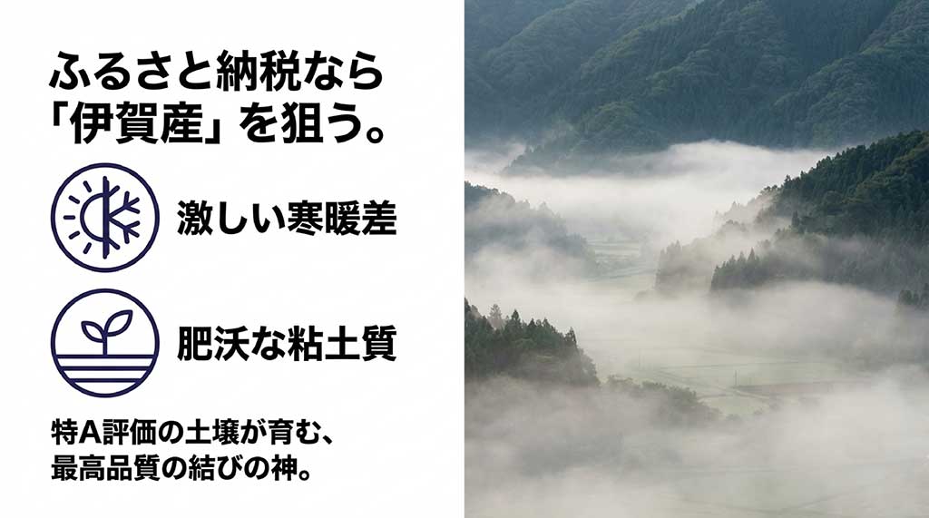 激しい寒暖差と肥沃な粘土質土壌。特A評価の地が育む最高品質の伊賀産結びの神の紹介