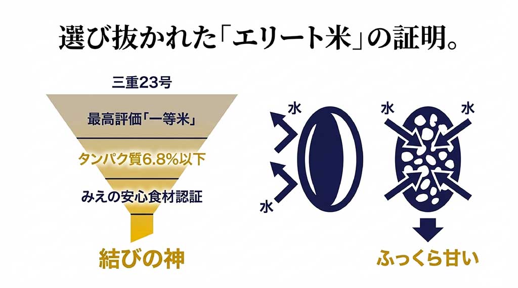 最高評価「一等米」、タンパク質6.8%以下、みえの安心食材認証などの厳しい品質基準を示すアイコン