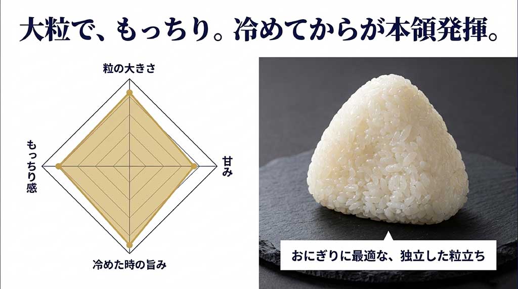 粒の大きさ、もっちり感、甘み、冷めた時の旨みを評価したレーダーチャート。おにぎりに最適な特徴を解説