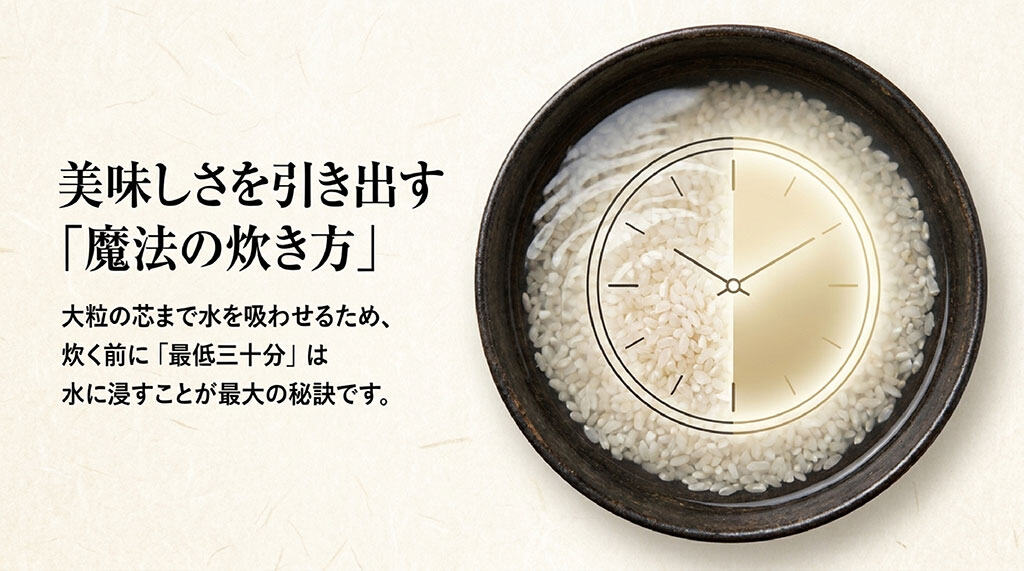 美味しさを引き出す魔法の炊き方として、大粒の芯まで水を吸わせるために炊く前最低30分は水に浸すことが最大の秘訣と書かれたスライド