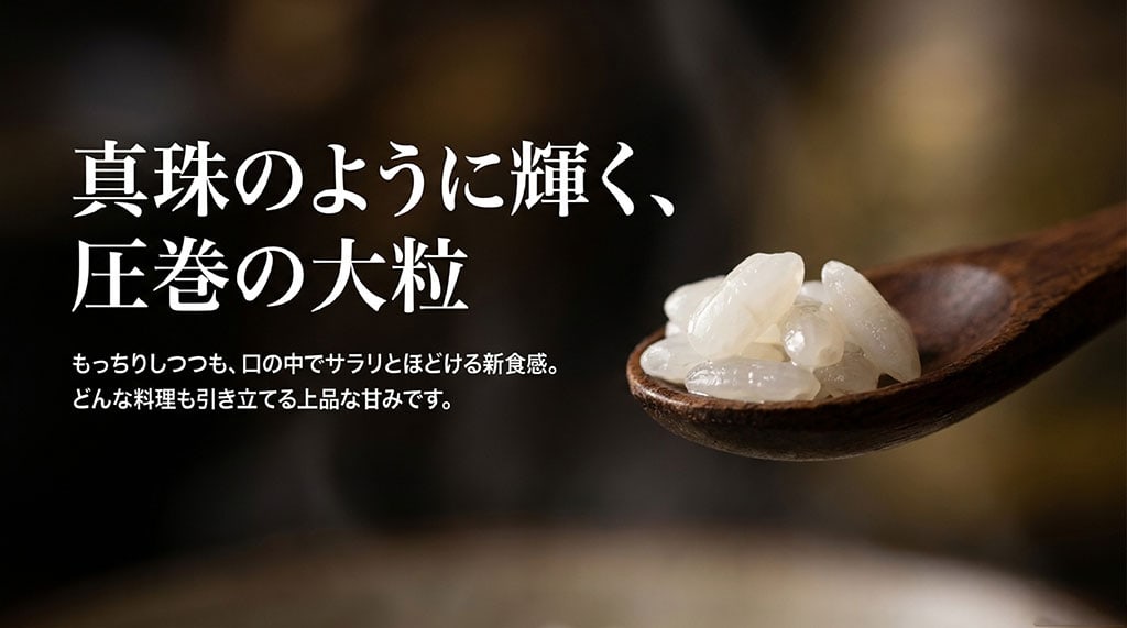 真珠のように輝く圧巻の大粒で、もっちりしつつも口の中でサラリとほどける新食感と上品な甘みを解説するスライド