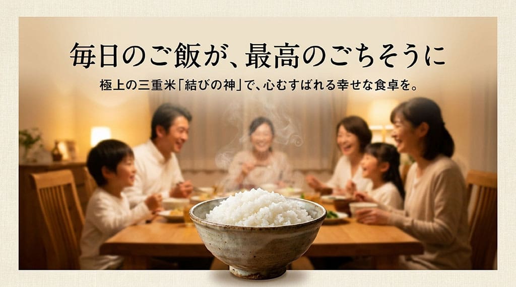毎日のご飯が最高のごちそうに。極上の三重米「結びの神」で心むすばれる幸せな食卓を、と締めくくるまとめのスライド