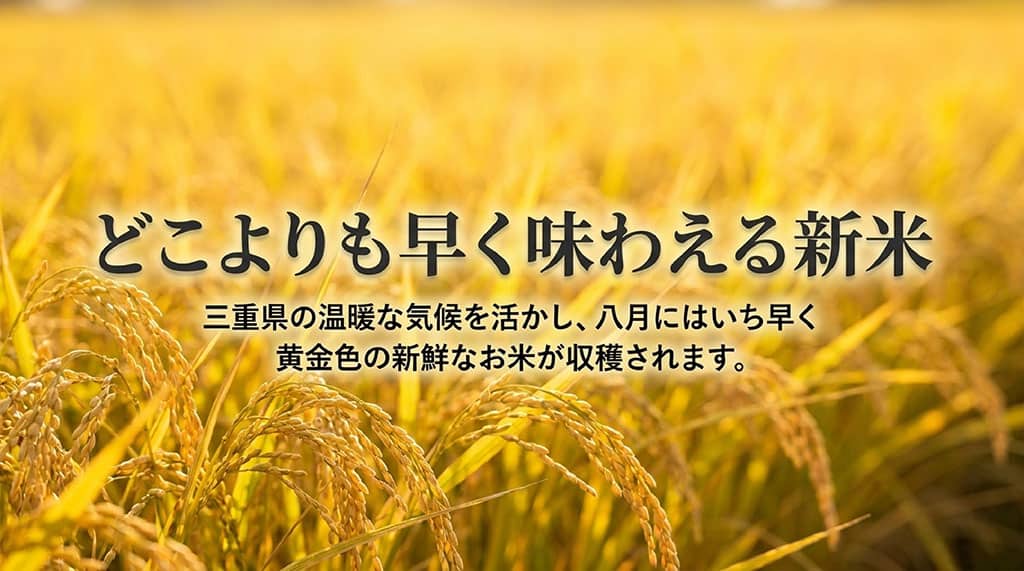 どこよりも早く味わえる新米として、三重県の温暖な気候を活かし8月にはいち早く黄金色の新鮮なお米が収穫されることを紹介するスライド