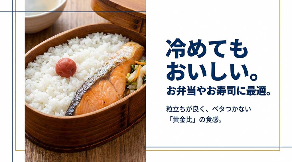 粒立ちが良くベタつかない、冷めてもおいしい「黄金比」の食感について解説するスライド