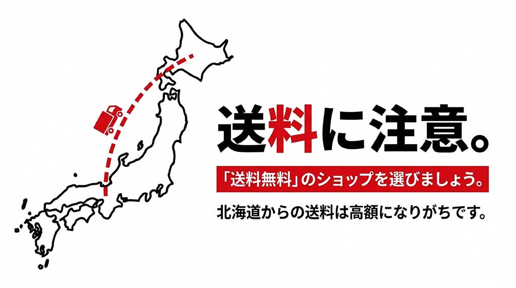 北海道からの送料は高額になりやすいため、送料無料のショップを選ぶべきという注意喚起