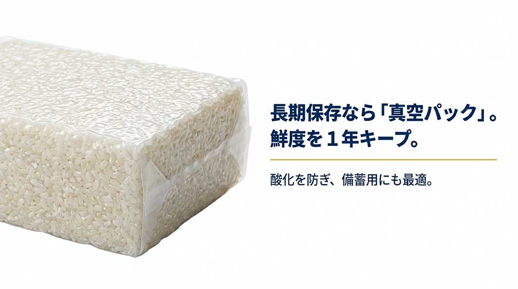 酸化を防ぎ、鮮度を1年間キープできる真空パックのメリットと、備蓄用としての適性を示す画像