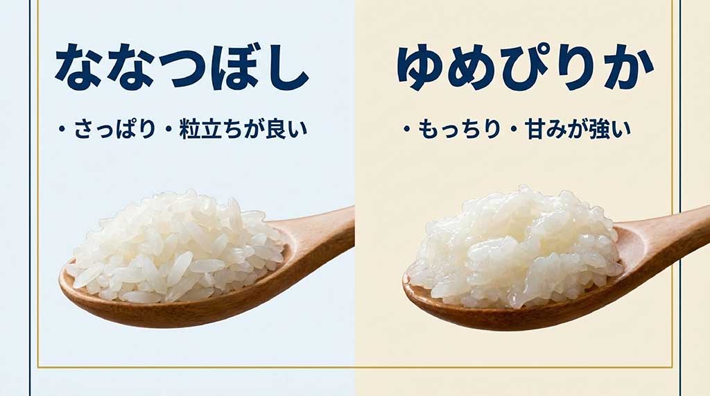 さっぱり・粒立ちが良い「ななつぼし」と、もっちり・甘みが強い「ゆめぴりか」の食感の違いを比較したスライド