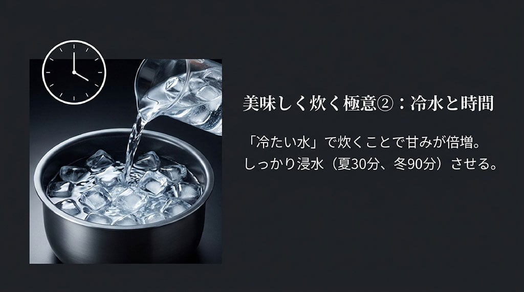 なすひかりを美味しく炊く極意として、冷水で炊き、夏は30分、冬は90分しっかり浸水させるポイント
