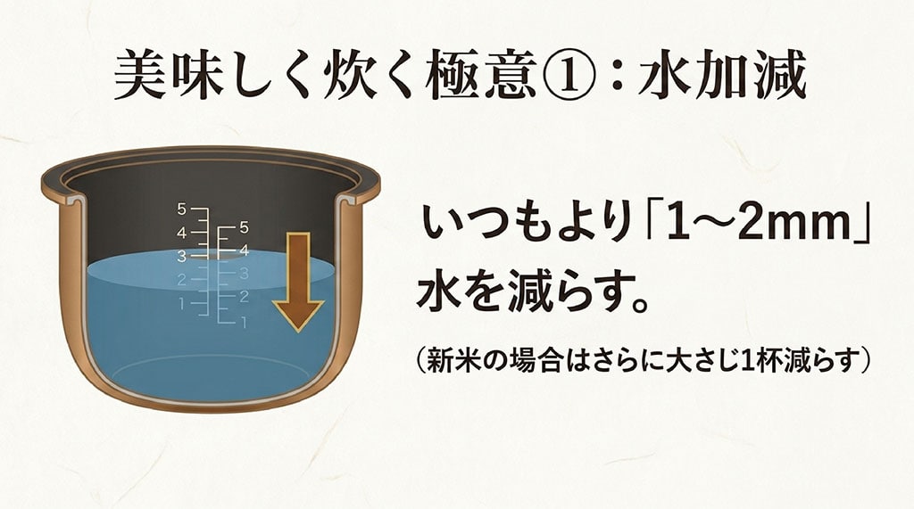なすひかりを美味しく炊くための水加減の極意として、いつもより水を1から2ミリ減らす方法の解説