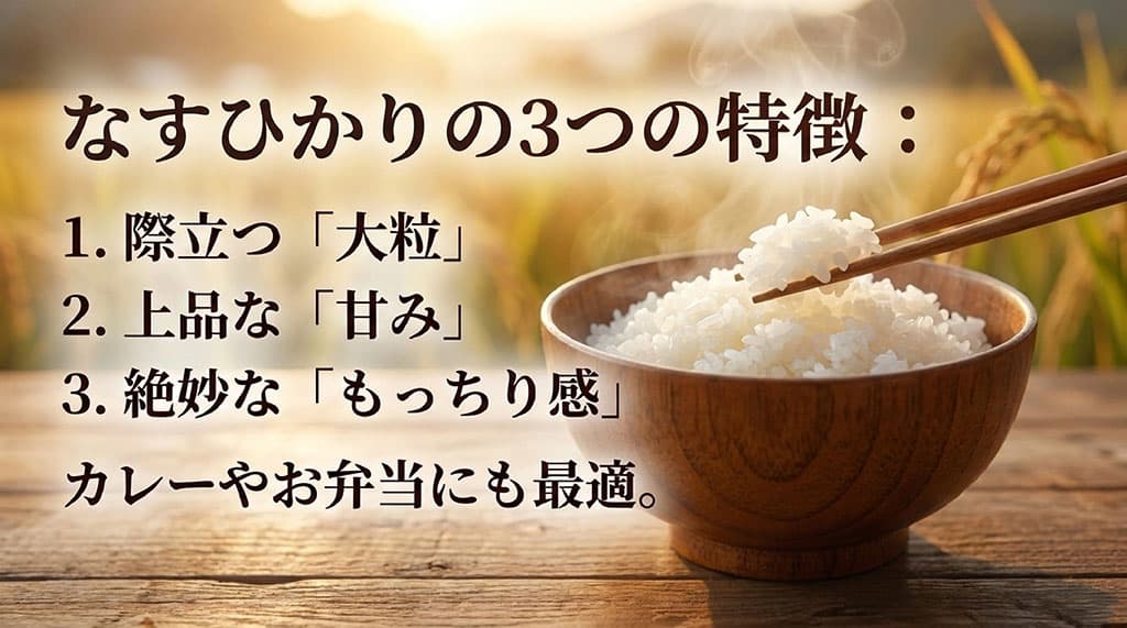 なすひかりの3つの特徴である大粒、上品な甘み、絶妙なもっちり感の解説
