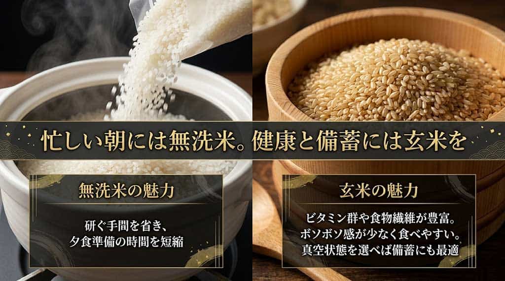 家事の時間を短縮する無洗米と、健康・備蓄に優れた玄米のそれぞれの魅力を紹介するスライド