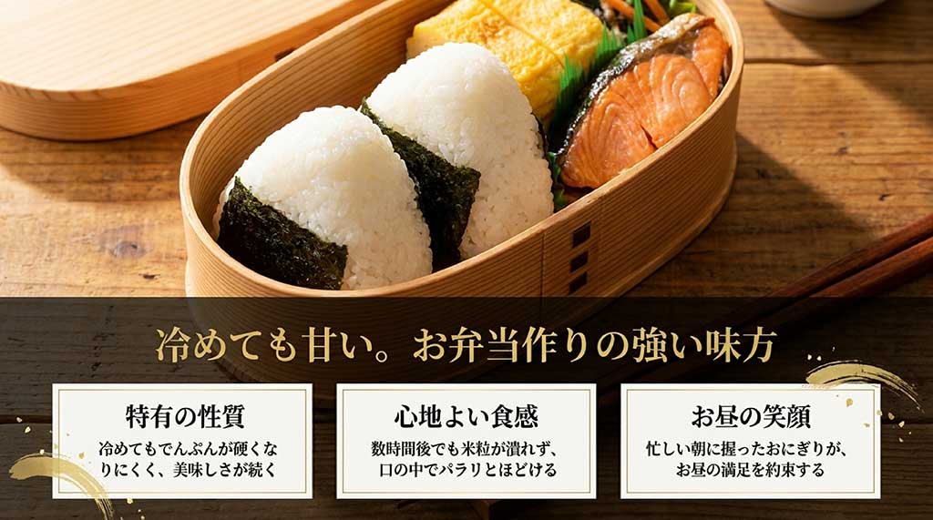 なすひかりが冷めても美味しく、おにぎりやお弁当に向いている理由（デンプンが硬くなりにくい性質）の解説