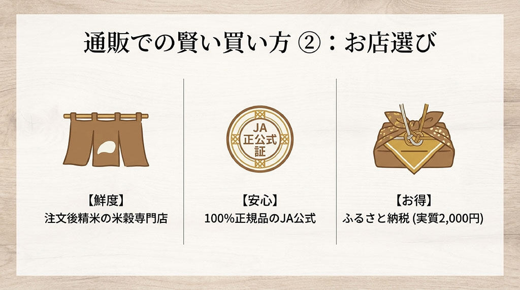 なすひかり通販のお店選びのポイント。鮮度の米穀専門店、安心のJA公式、お得なふるさと納税の比較