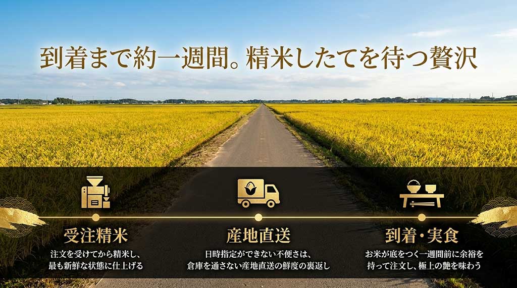 注文を受けてから精米する鮮度へのこだわりと、産地直送便の到着までの目安日数に関する解説スライド