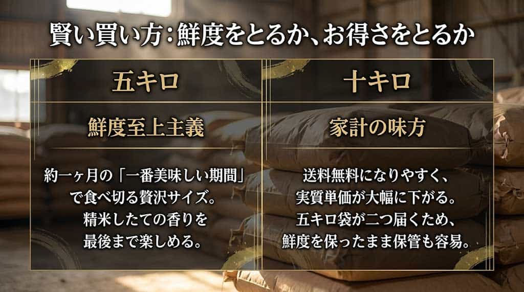 鮮度重視の5kgサイズと、送料無料でコスパの良い10kgまとめ買いの比較ガイド