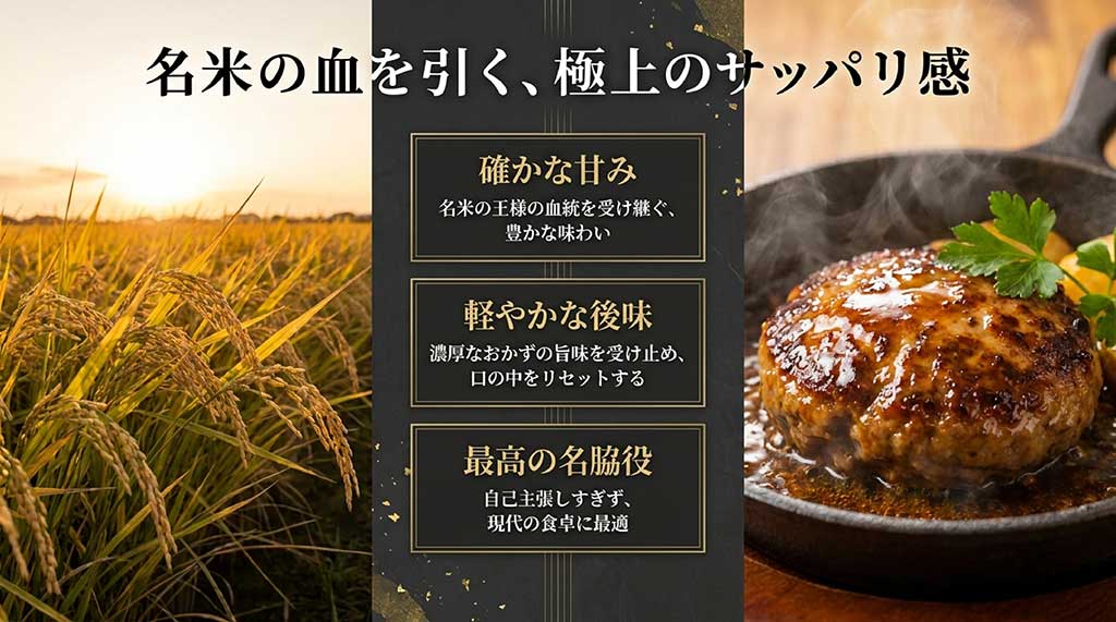 なすひかりの味の特徴（サッパリ感、豊かな味わい、現代の食卓への適合性）をまとめたスライド