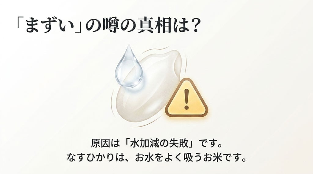 なすひかりがまずいという噂の原因は、お水をよく吸うお米であることによる水加減の失敗であるという説明